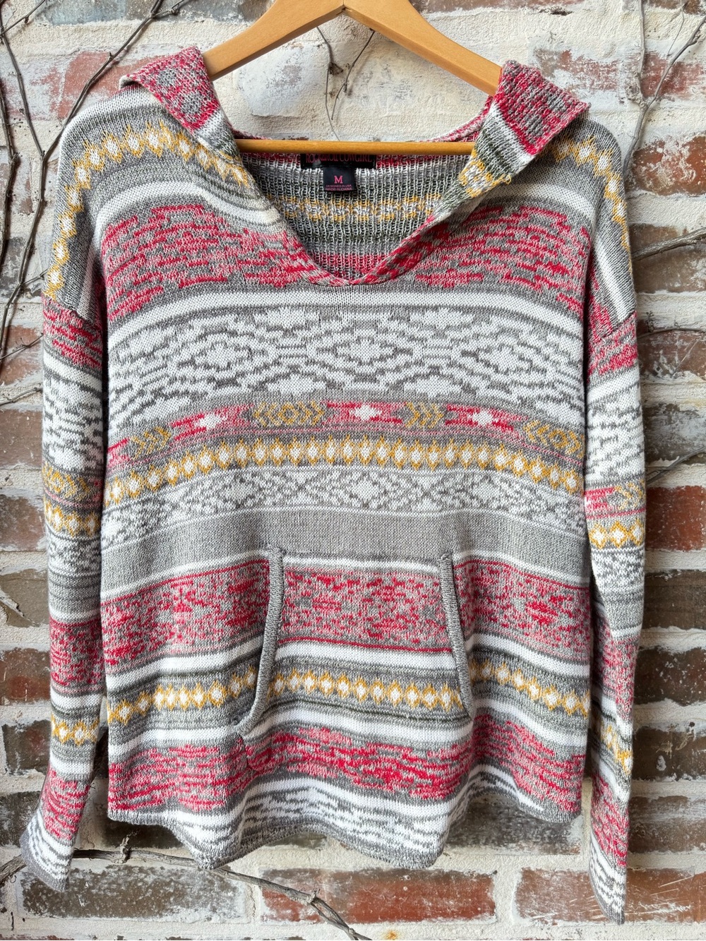 Rock & Roll Cowgirl Southwest Aztec Knit Pullover Hoodie Sweater Gray Pink M